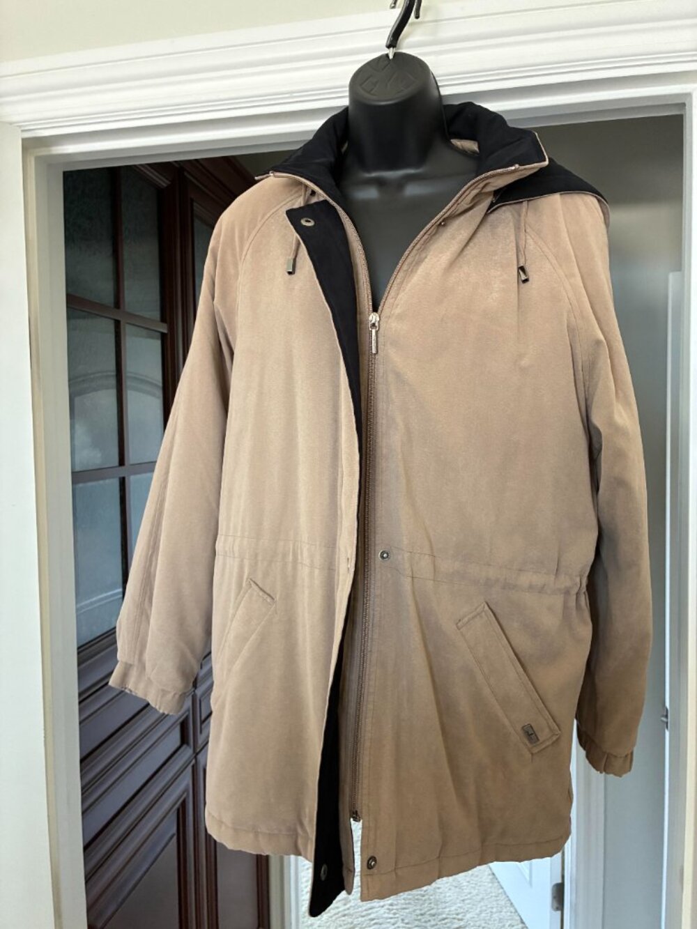 London Fog Jacket with hood.   Tan with Black detail.  Padded Size Small.